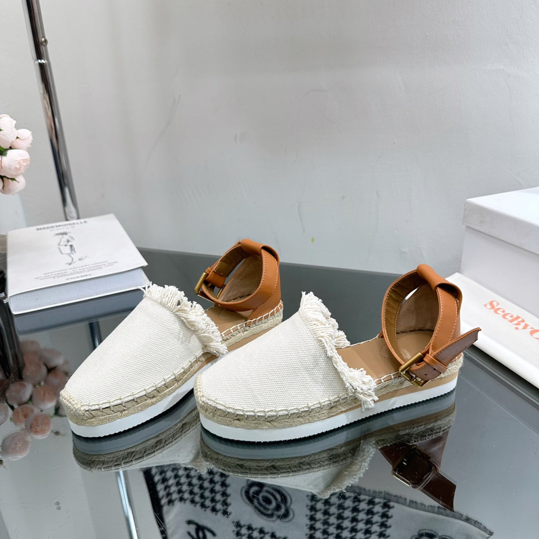 SEE BY ESPADRILLES SANDAL IN WHITE FABRIC AND BRONZE BROWN CALFSKIN