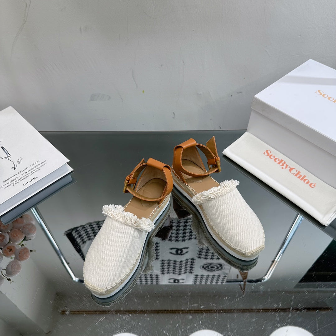 SEE BY ESPADRILLES SANDAL IN WHITE FABRIC AND BRONZE BROWN CALFSKIN