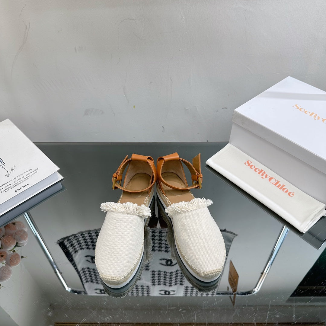 SEE BY ESPADRILLES SANDAL IN WHITE FABRIC AND BRONZE BROWN CALFSKIN