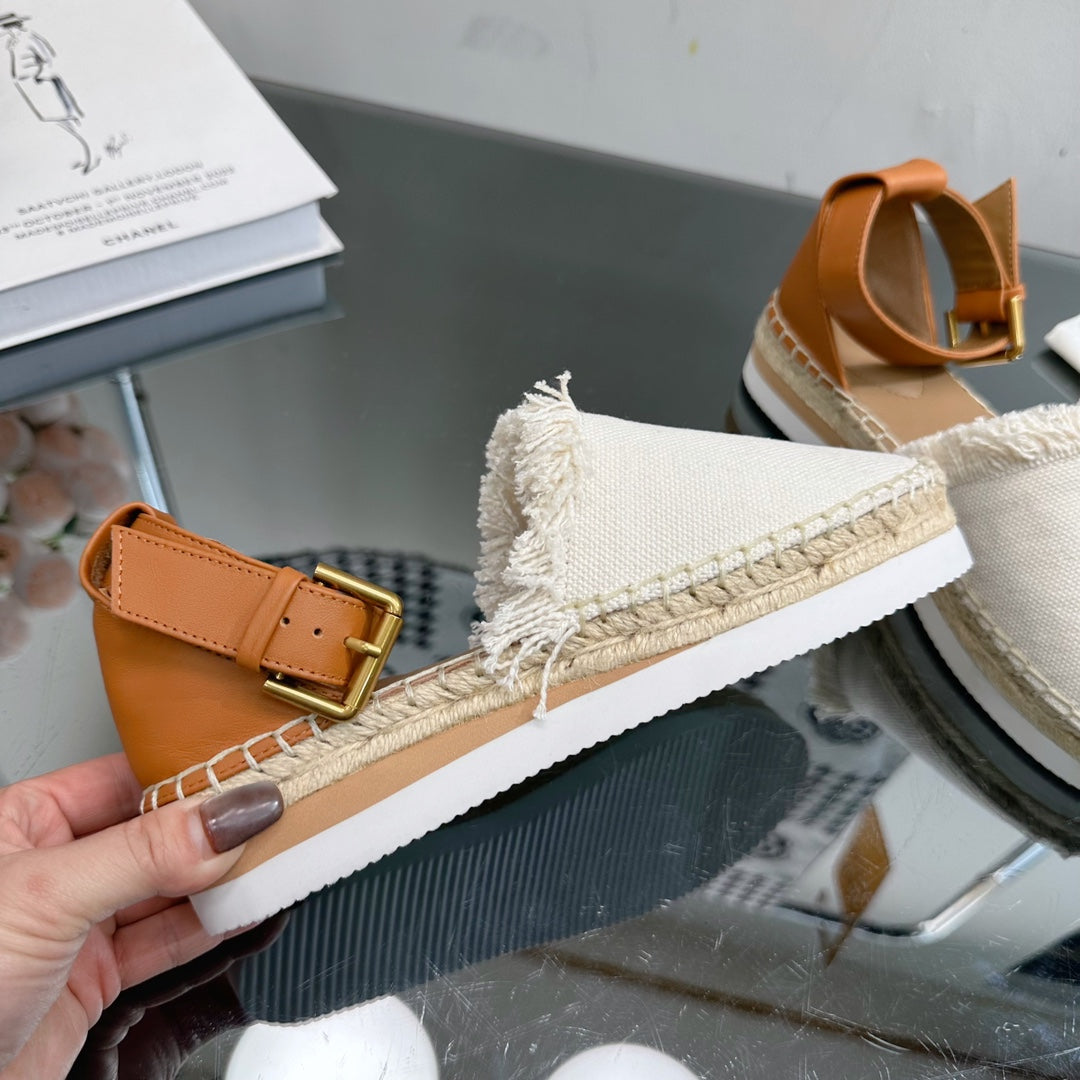 SEE BY ESPADRILLES SANDAL IN WHITE FABRIC AND BRONZE BROWN CALFSKIN