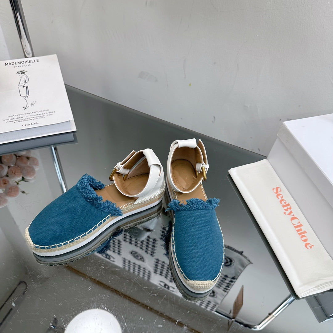 SEE BY ESPADRILLES SANDAL IN CERULEAN BLUE FABRIC AND WHITE CALFSKIN
