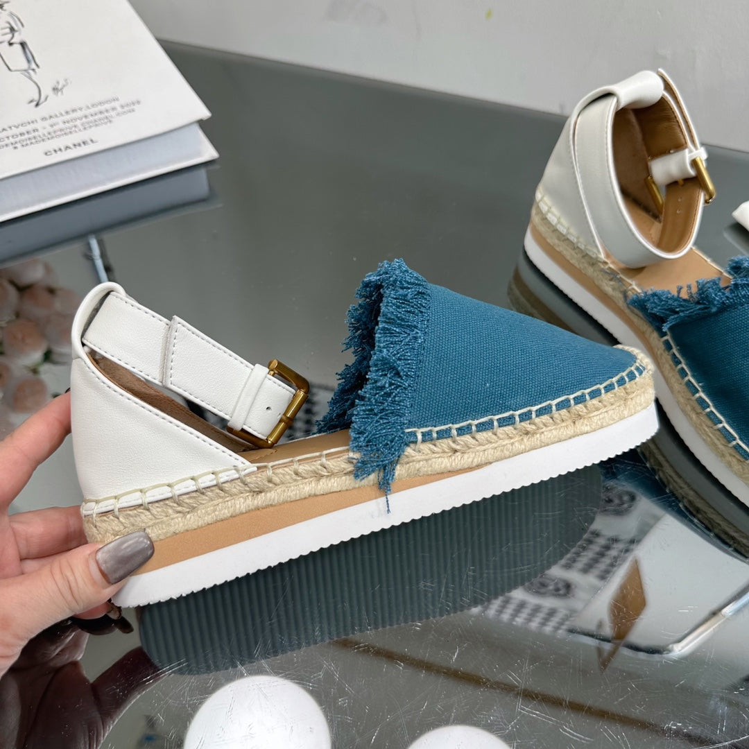 SEE BY ESPADRILLES SANDAL IN CERULEAN BLUE FABRIC AND WHITE CALFSKIN