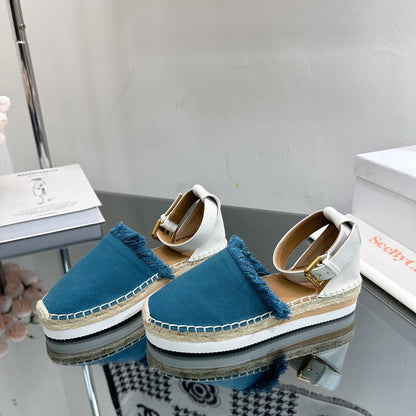 SEE BY ESPADRILLES SANDAL IN CERULEAN BLUE FABRIC AND WHITE CALFSKIN