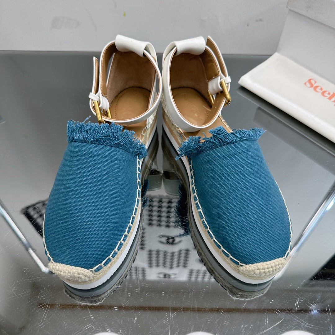 SEE BY ESPADRILLES SANDAL IN CERULEAN BLUE FABRIC AND WHITE CALFSKIN