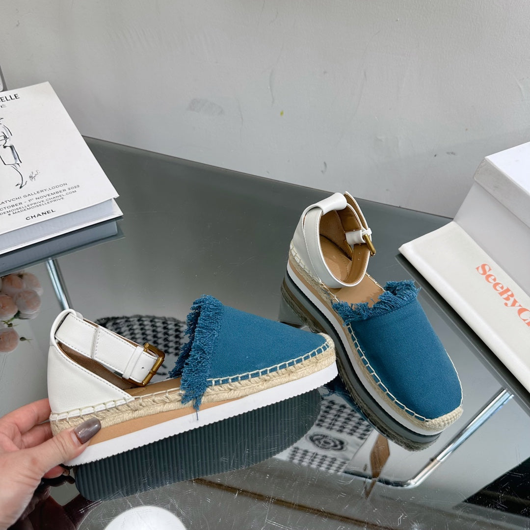 SEE BY ESPADRILLES SANDAL IN CERULEAN BLUE FABRIC AND WHITE CALFSKIN