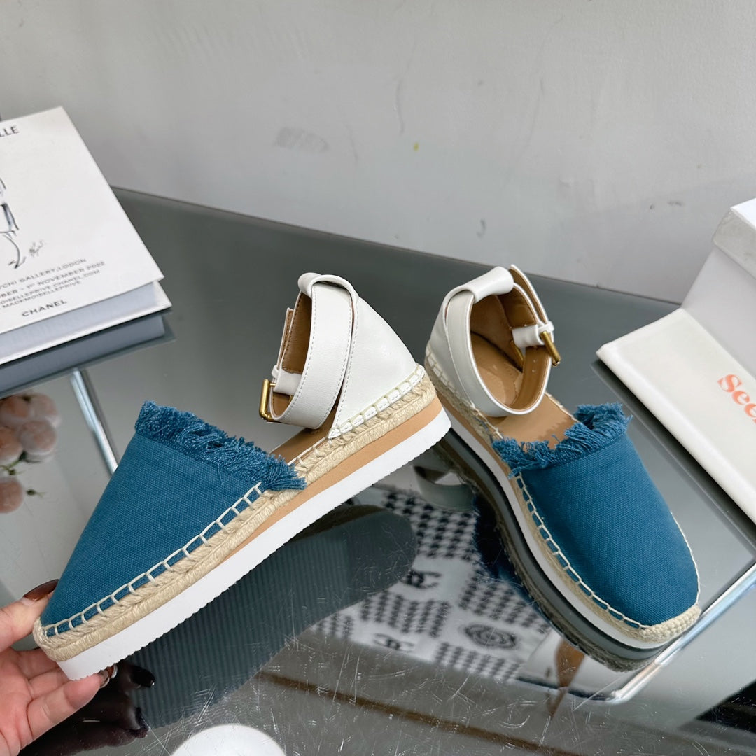 SEE BY ESPADRILLES SANDAL IN CERULEAN BLUE FABRIC AND WHITE CALFSKIN
