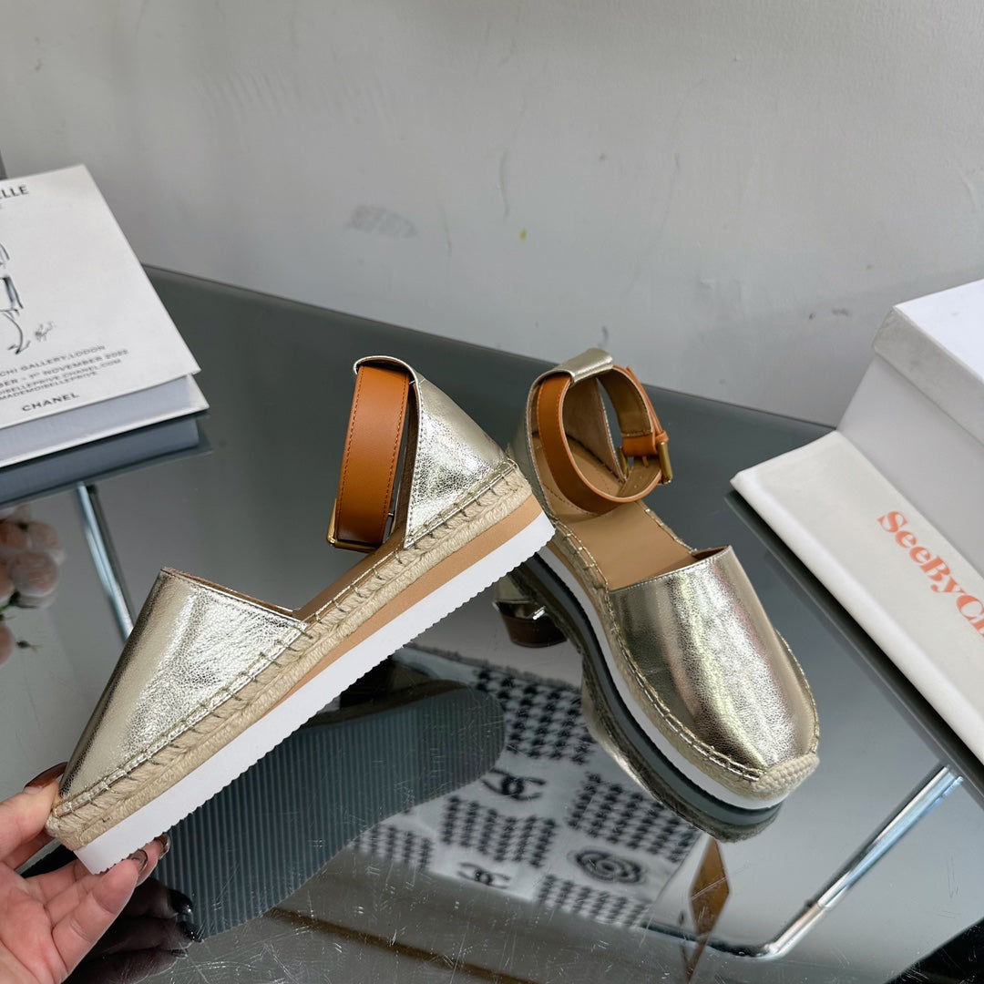 SEE BY ESPADRILLES SANDAL IN LIGHT GOLD CALFSKIN AND WOVEN RAFFIA