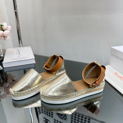 SEE BY ESPADRILLES SANDAL IN LIGHT GOLD CALFSKIN AND WOVEN RAFFIA