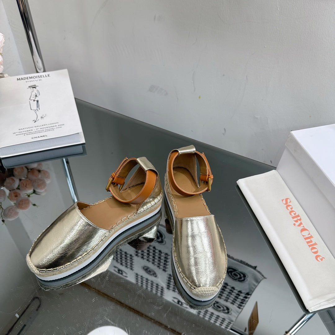 SEE BY ESPADRILLES SANDAL IN LIGHT GOLD CALFSKIN AND WOVEN RAFFIA