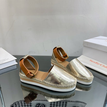 SEE BY ESPADRILLES SANDAL IN LIGHT GOLD CALFSKIN AND WOVEN RAFFIA