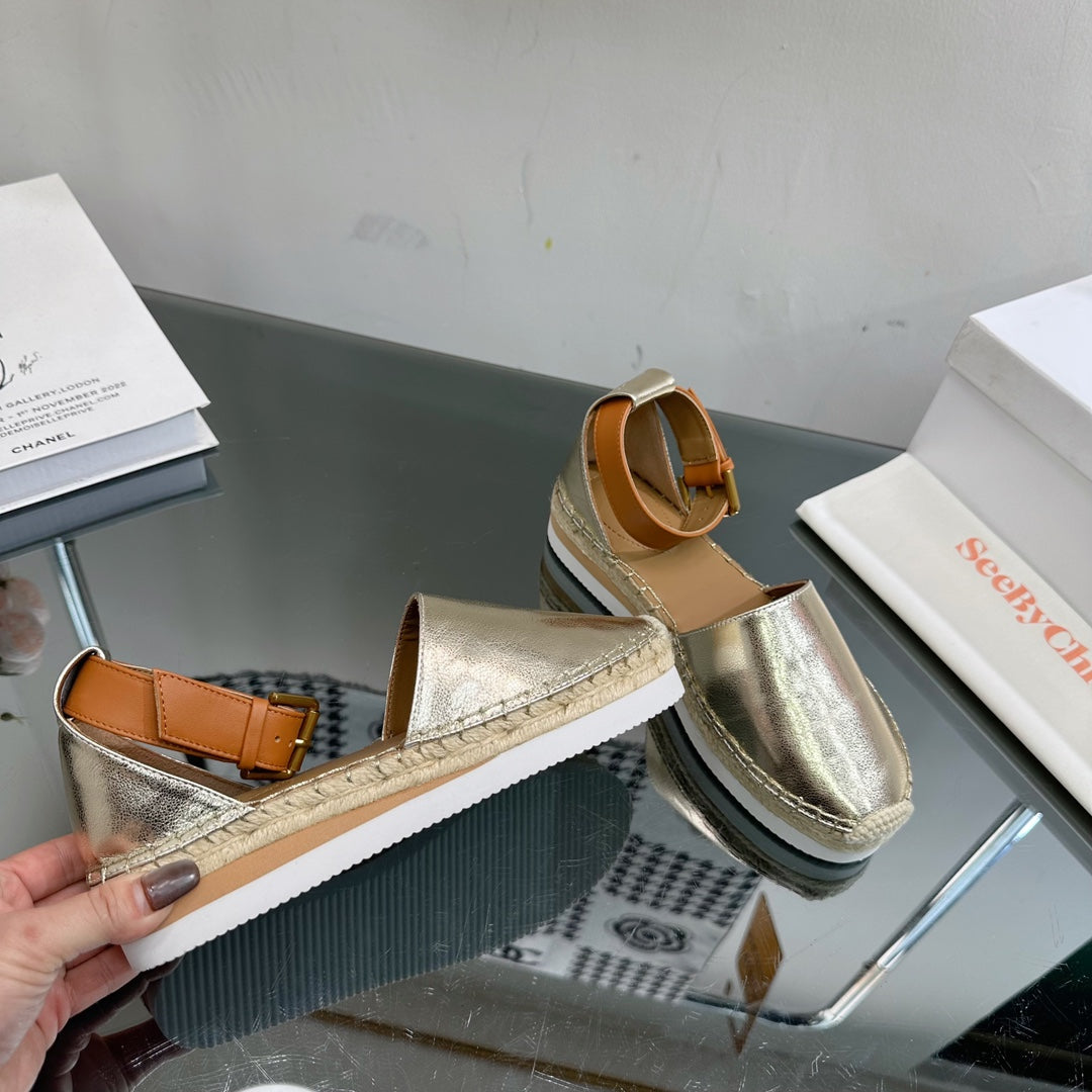 SEE BY ESPADRILLES SANDAL IN LIGHT GOLD CALFSKIN AND WOVEN RAFFIA