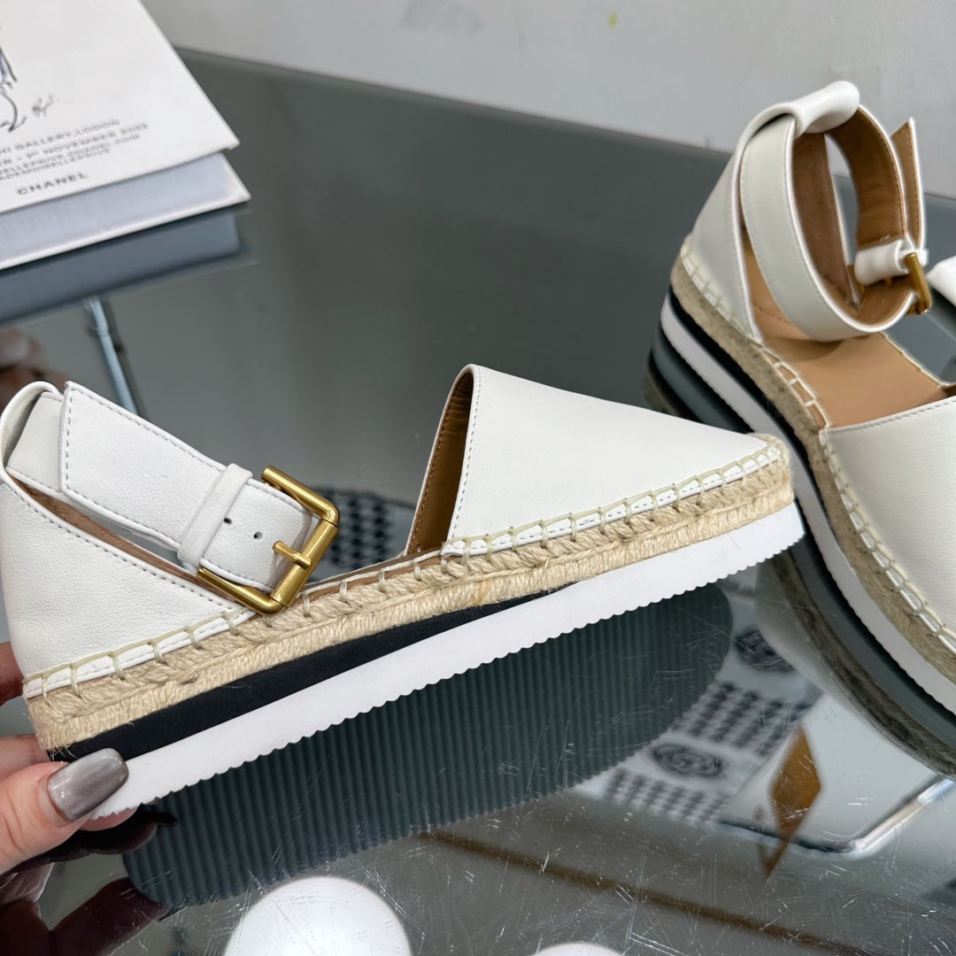 SEE BY ESPADRILLES SANDAL IN WHITE CALFSKIN AND WOVEN RAFFIA