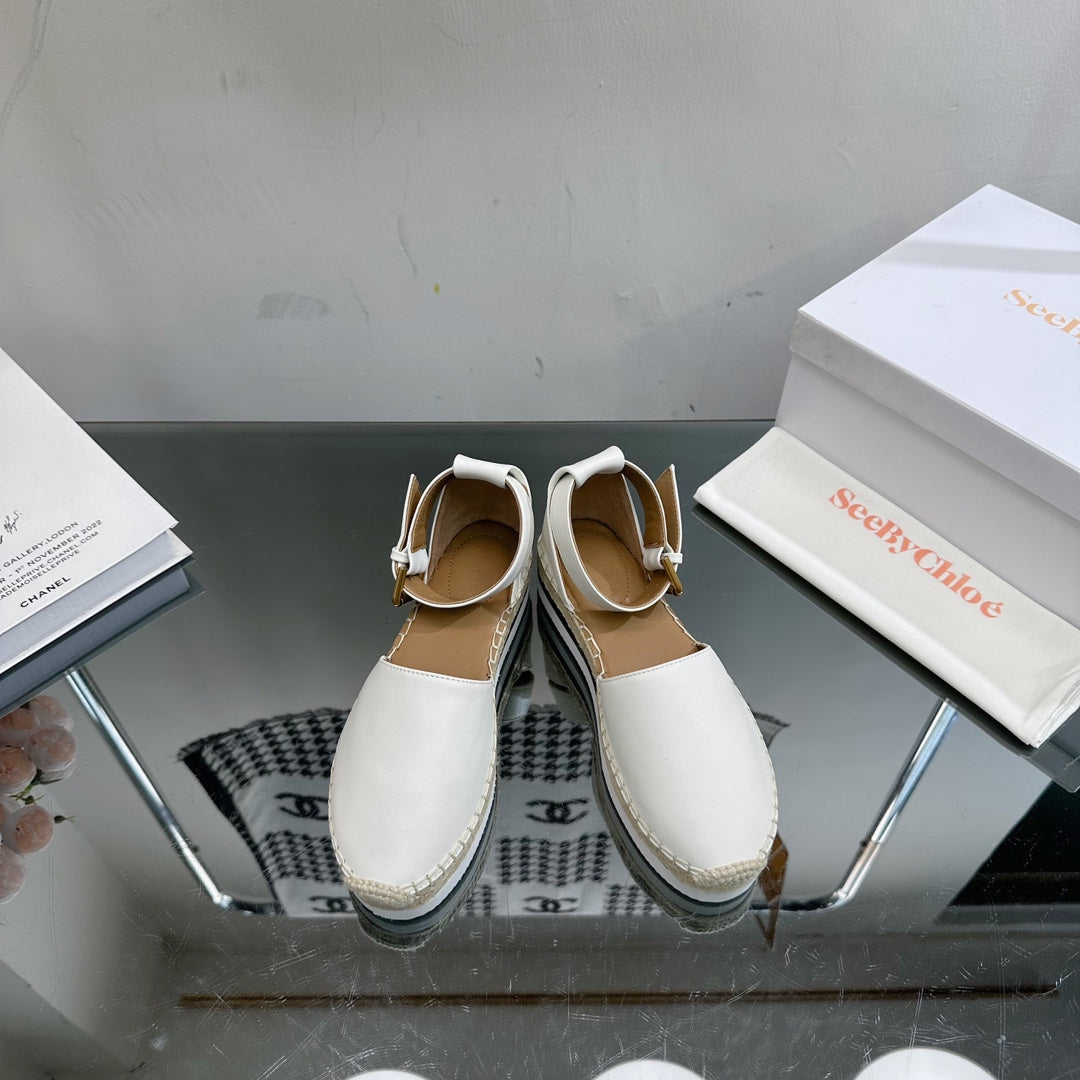SEE BY ESPADRILLES SANDAL IN WHITE CALFSKIN AND WOVEN RAFFIA