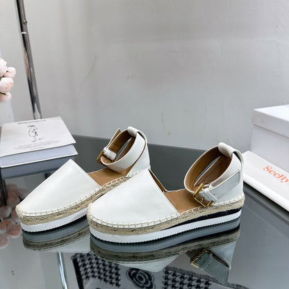 SEE BY ESPADRILLES SANDAL IN WHITE CALFSKIN AND WOVEN RAFFIA