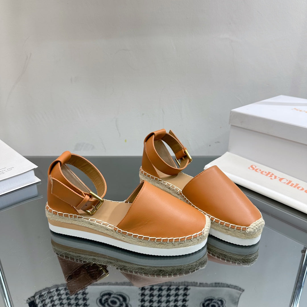 SEE BY ESPADRILLES SANDAL IN COPPER BROWN CALFSKIN AND WOVEN RAFFIA
