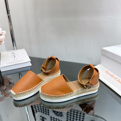 SEE BY ESPADRILLES SANDAL IN COPPER BROWN CALFSKIN AND WOVEN RAFFIA