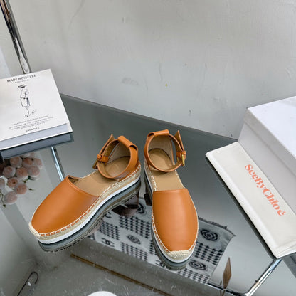 SEE BY ESPADRILLES SANDAL IN COPPER BROWN CALFSKIN AND WOVEN RAFFIA