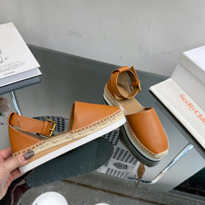 SEE BY ESPADRILLES SANDAL IN COPPER BROWN CALFSKIN AND WOVEN RAFFIA