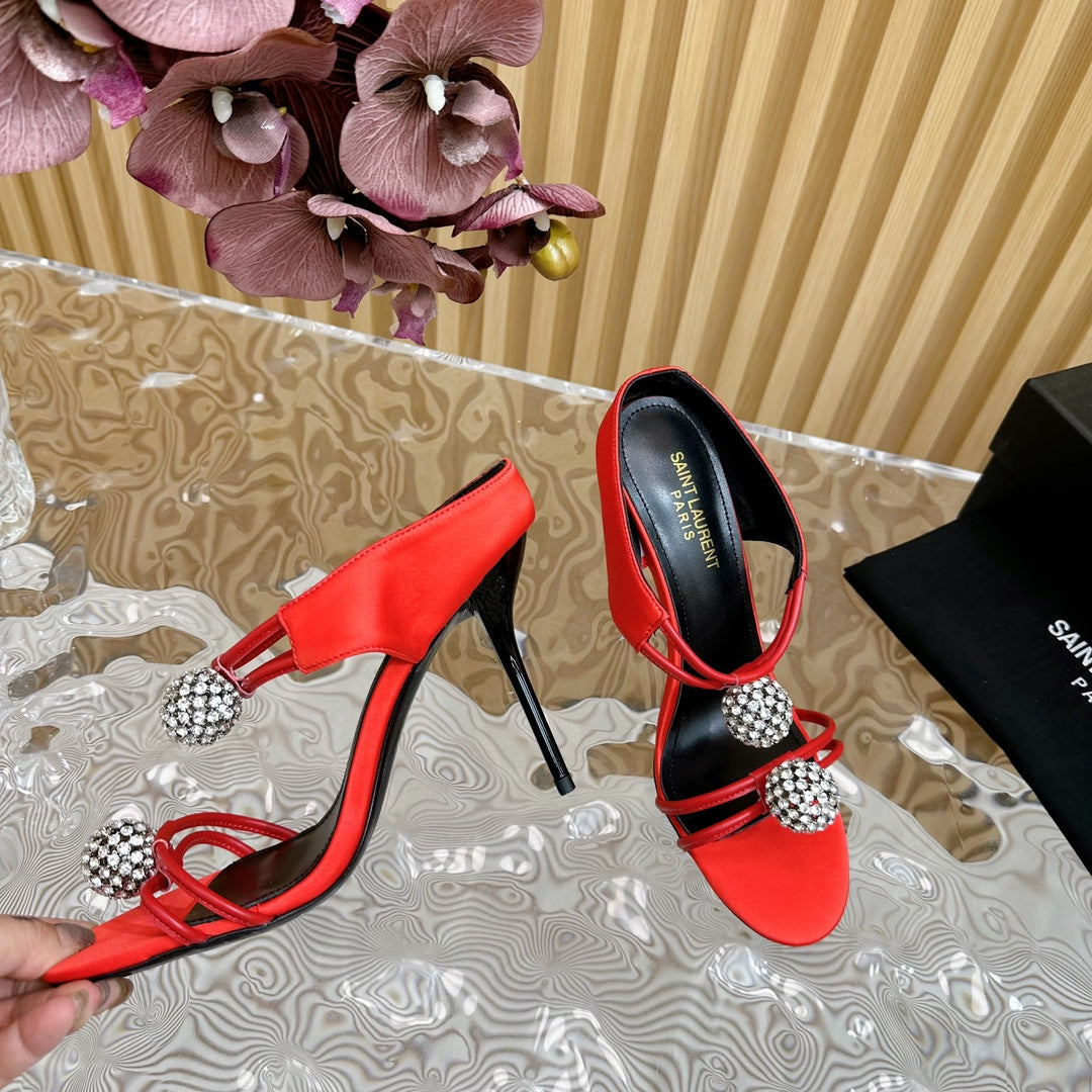 SL POM CIRCLE CRYSTAL HEELED SANDALS RED SATIN