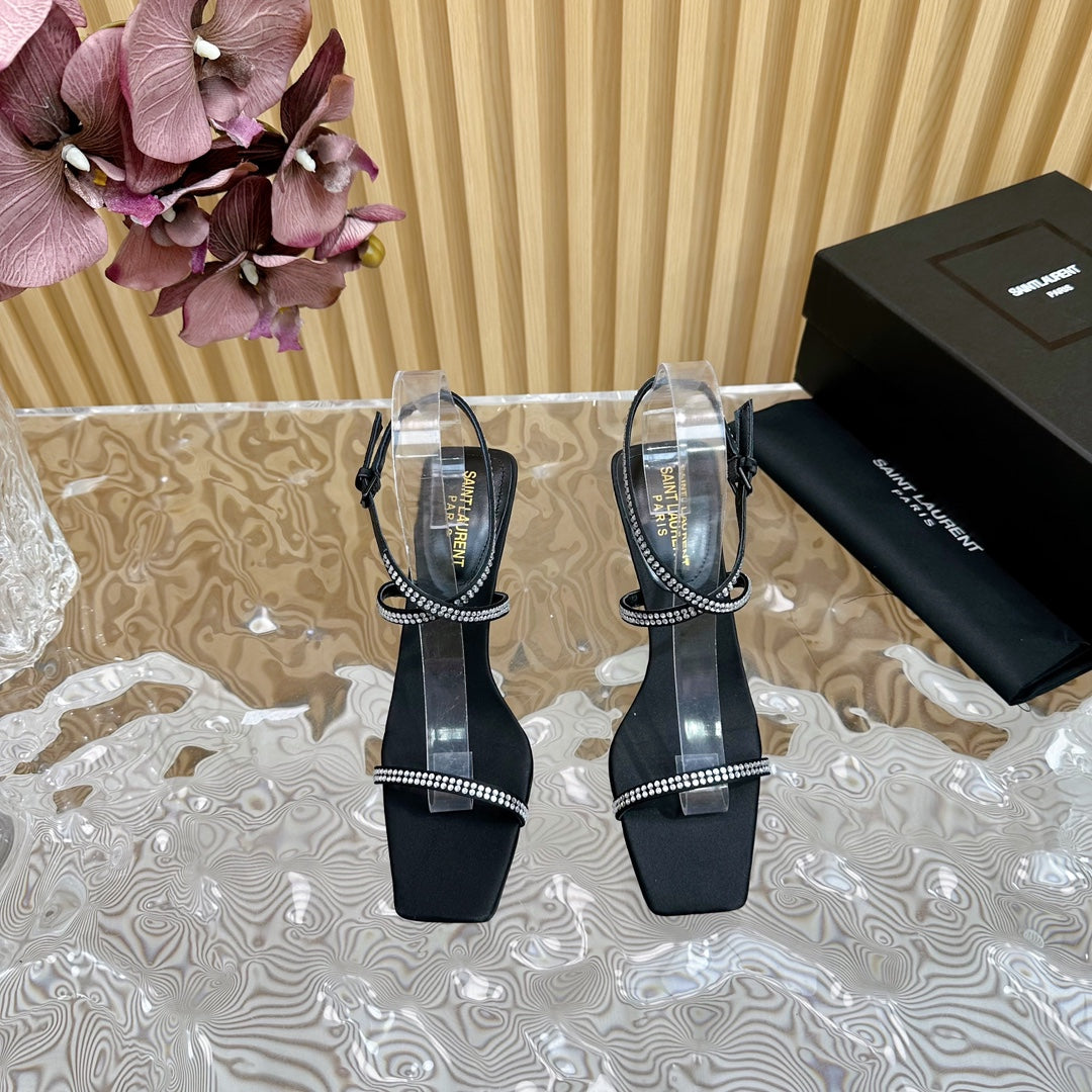 NUIT SANDALS 85 IN BLACK CREPE SATIN AND WHITE RHINESTONES