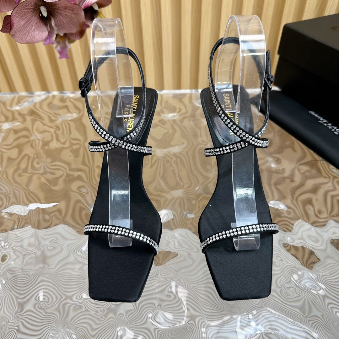 NUIT SANDALS 85 IN BLACK CREPE SATIN AND WHITE RHINESTONES