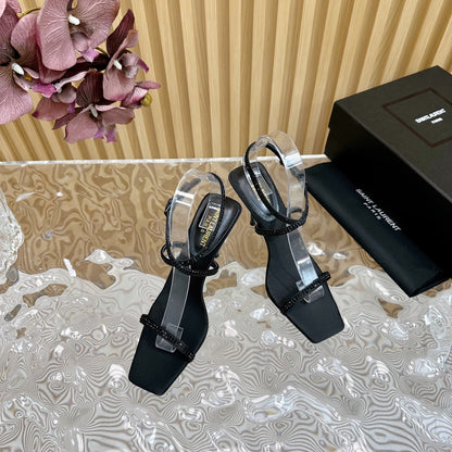 NUIT SANDALS 85 IN BLACK CREPE SATIN AND BLACK RHINESTONES
