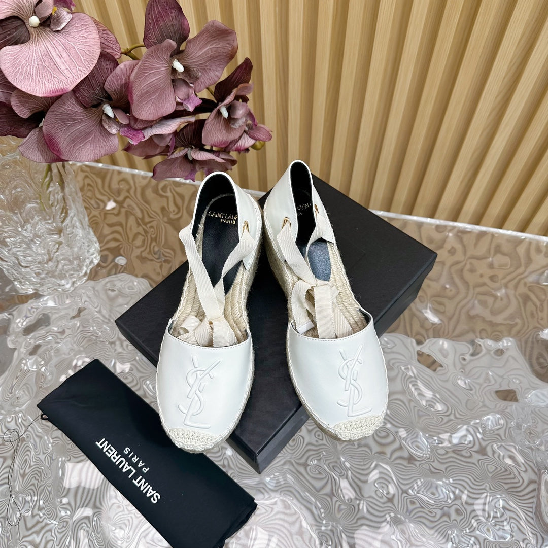 SL WEDGE SANDALS WHITE CALFSKIN AND STRAW