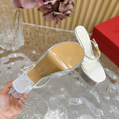 HIGH HEEL SANDAL 14CM IN WHITE CALFSKIN AND TRANSPARENT PVC