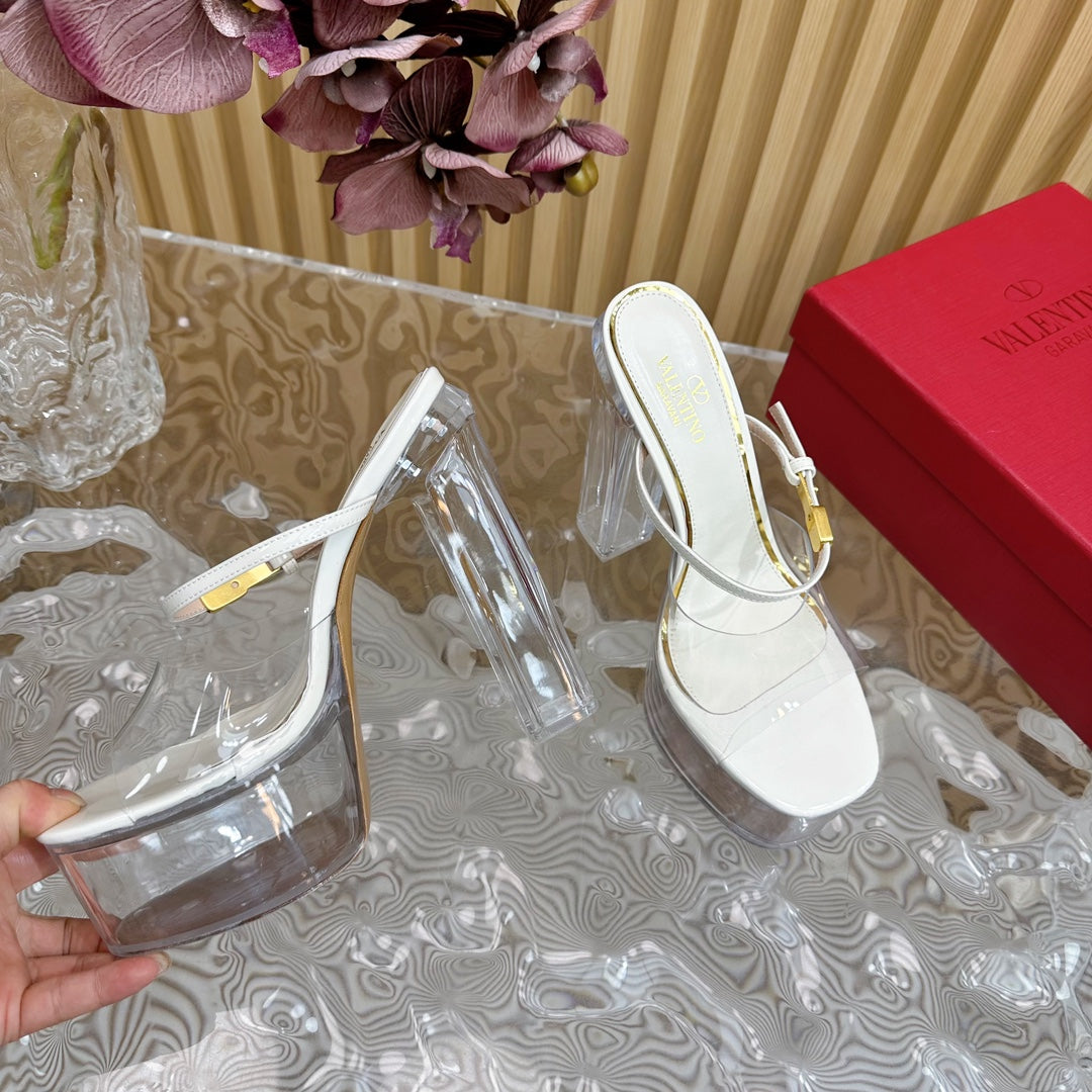 HIGH HEEL SANDAL 14CM IN WHITE CALFSKIN AND TRANSPARENT PVC