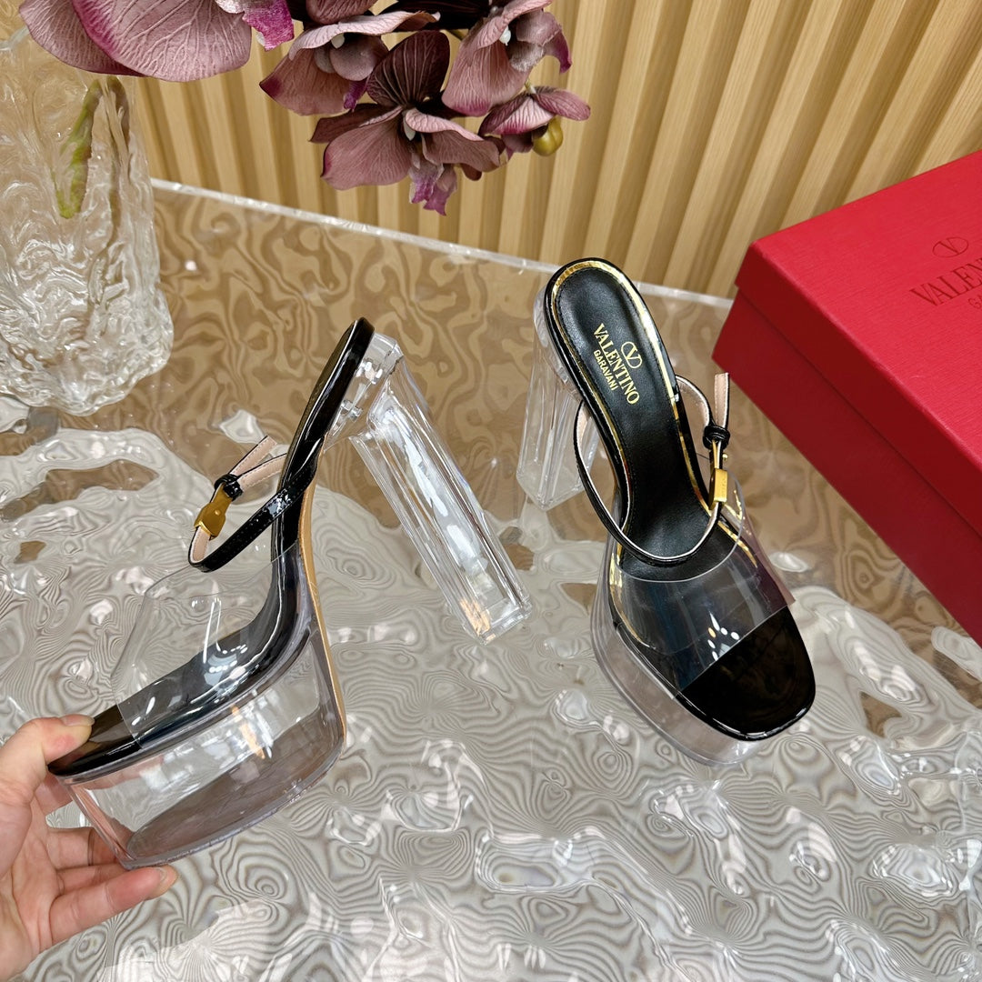 HIGH HEEL SANDAL 14CM IN BLACK CALFSKIN AND TRANSPARENT PVC