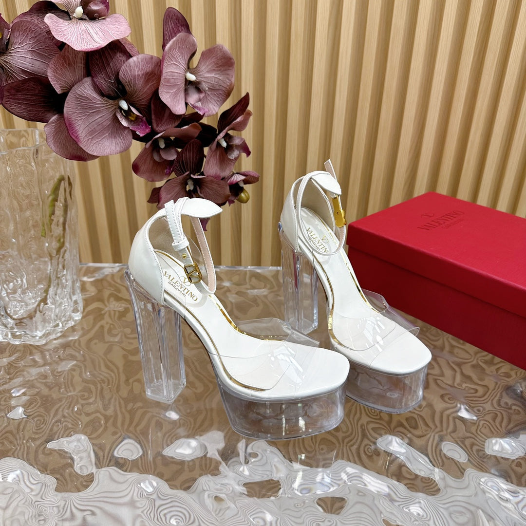 HIGH SANDAL 14CM IN WHITE CALFSKIN AND TRANSPARENT PVC