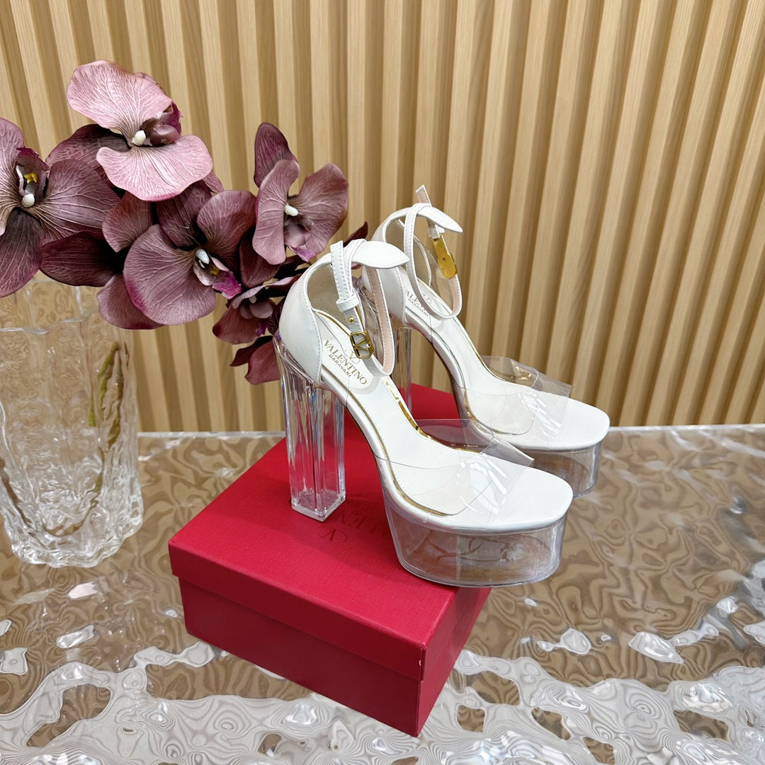 HIGH SANDAL 14CM IN WHITE CALFSKIN AND TRANSPARENT PVC