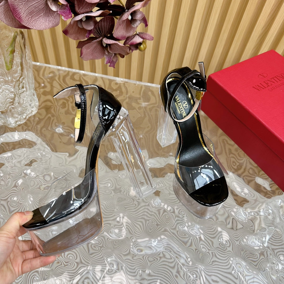 HIGH SANDAL 14CM IN BLACK CALFSKIN AND TRANSPARENT PVC