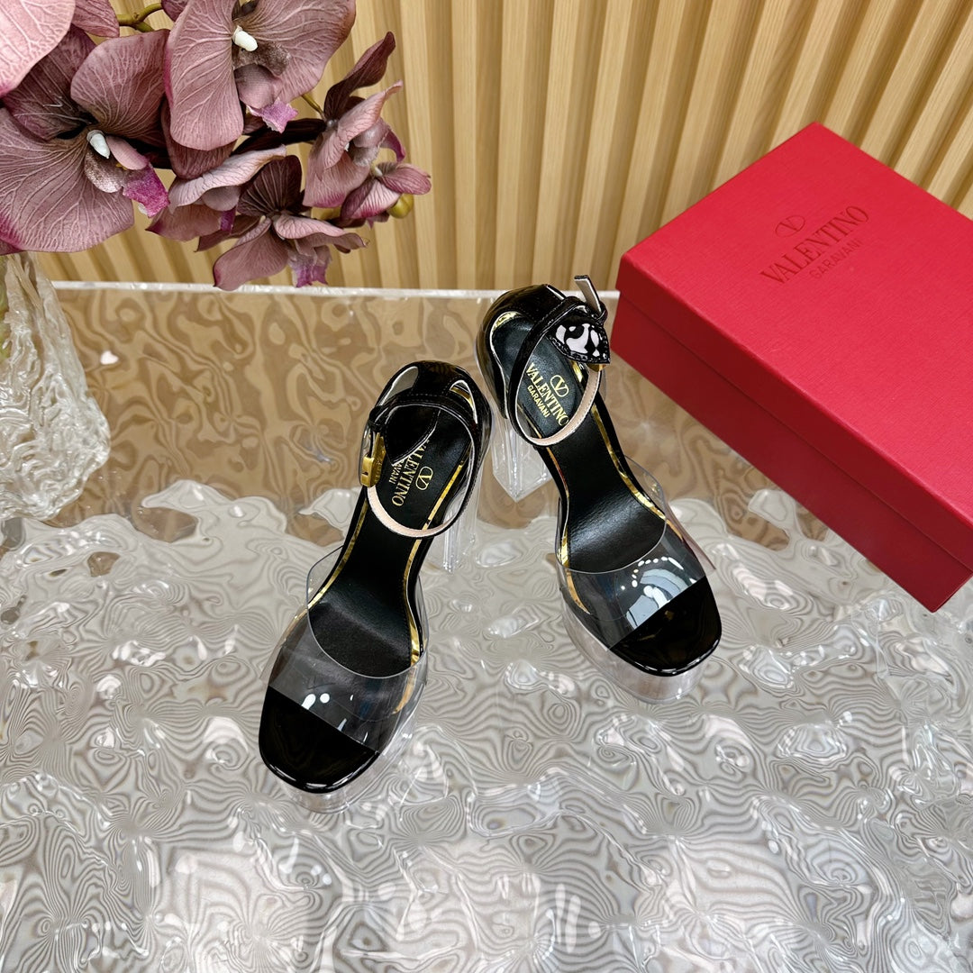 HIGH SANDAL 14CM IN BLACK CALFSKIN AND TRANSPARENT PVC