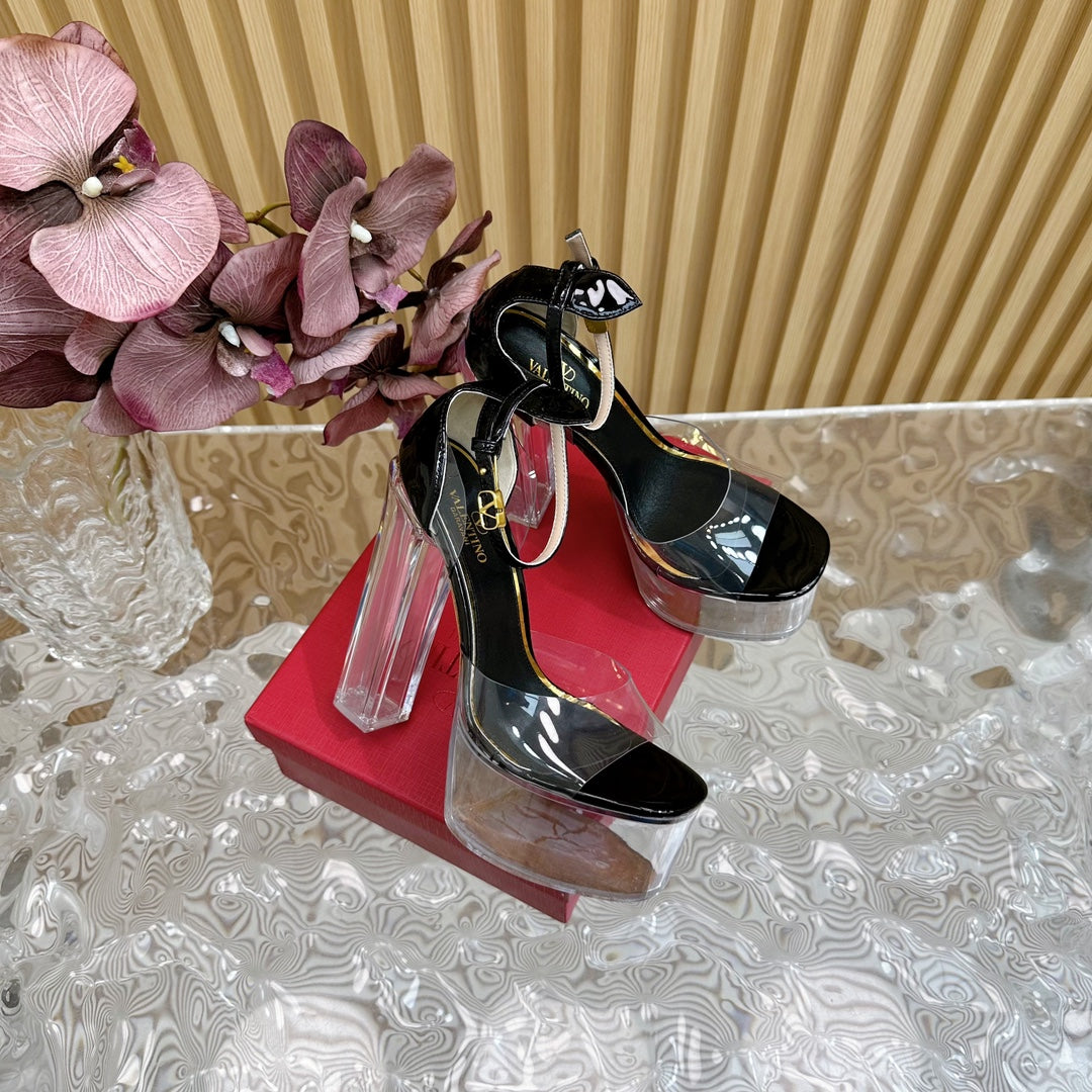 HIGH SANDAL 14CM IN BLACK CALFSKIN AND TRANSPARENT PVC