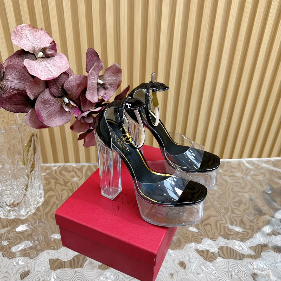 HIGH SANDAL 14CM IN BLACK CALFSKIN AND TRANSPARENT PVC