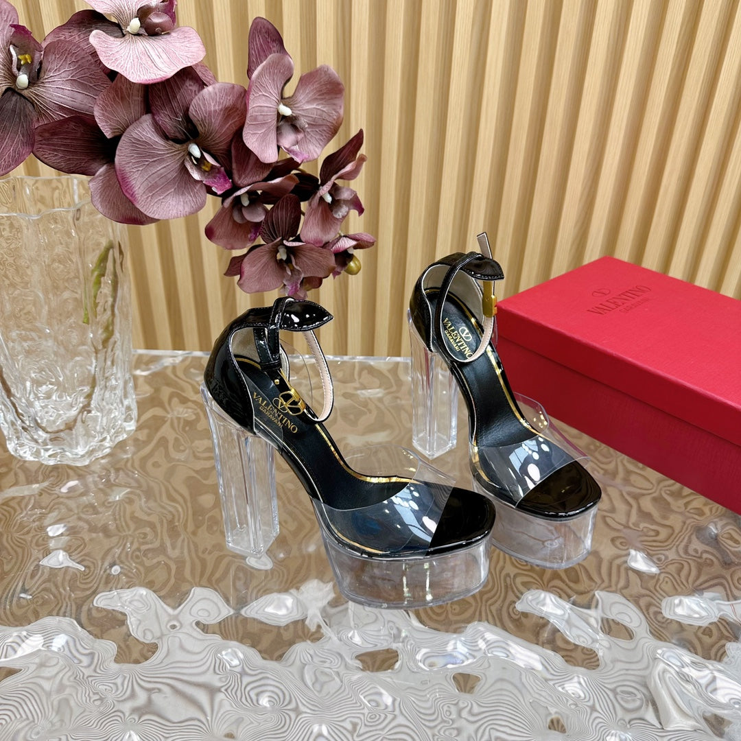 HIGH SANDAL 14CM IN BLACK CALFSKIN AND TRANSPARENT PVC