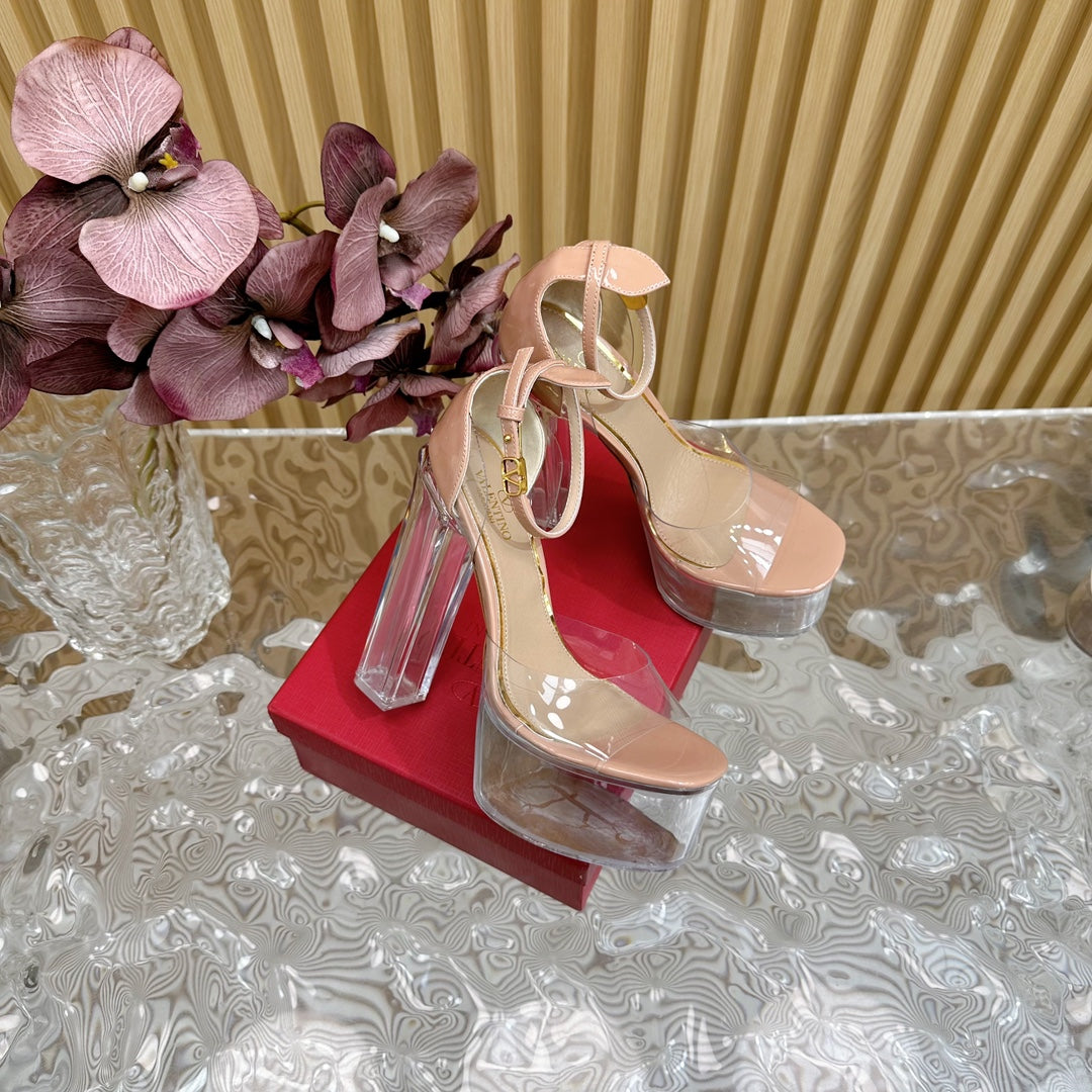 HIGH SANDAL 14CM IN NUDE TAN CALFSKIN AND TRANSPARENT PVC