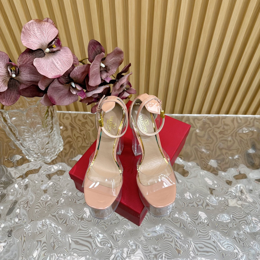 HIGH SANDAL 14CM IN NUDE TAN CALFSKIN AND TRANSPARENT PVC