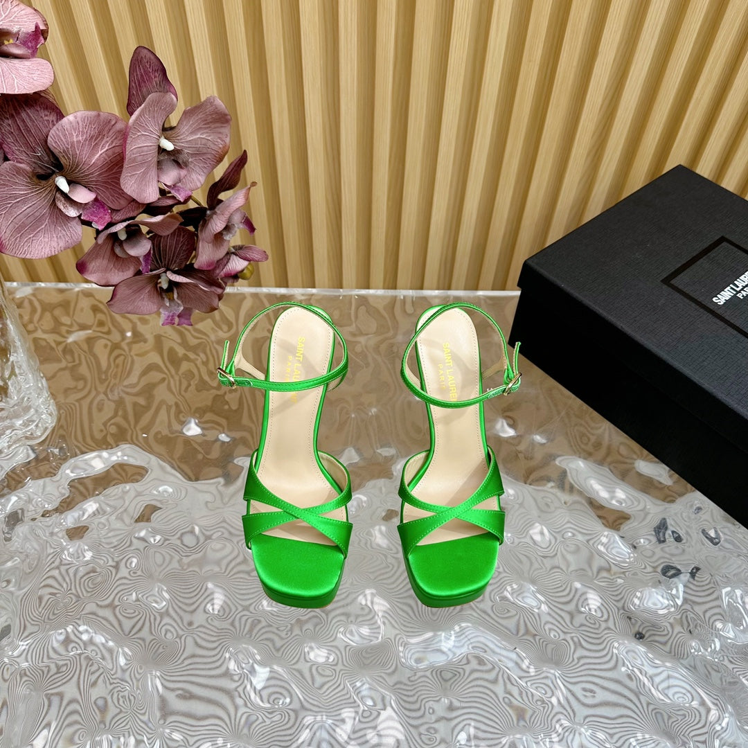 DEBBIE PLATFORM SANDALS IN GREEN SILK