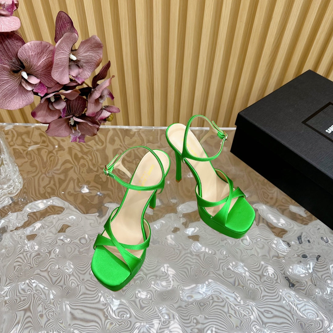 DEBBIE PLATFORM SANDALS IN GREEN SILK
