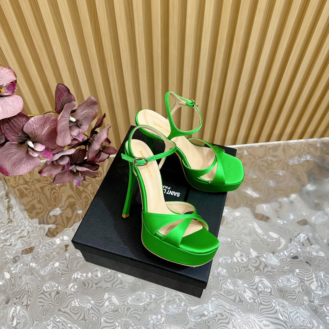 DEBBIE PLATFORM SANDALS IN GREEN SILK