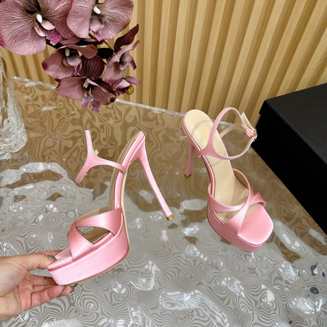 DEBBIE PLATFORM SANDALS IN PALE PINK SILK