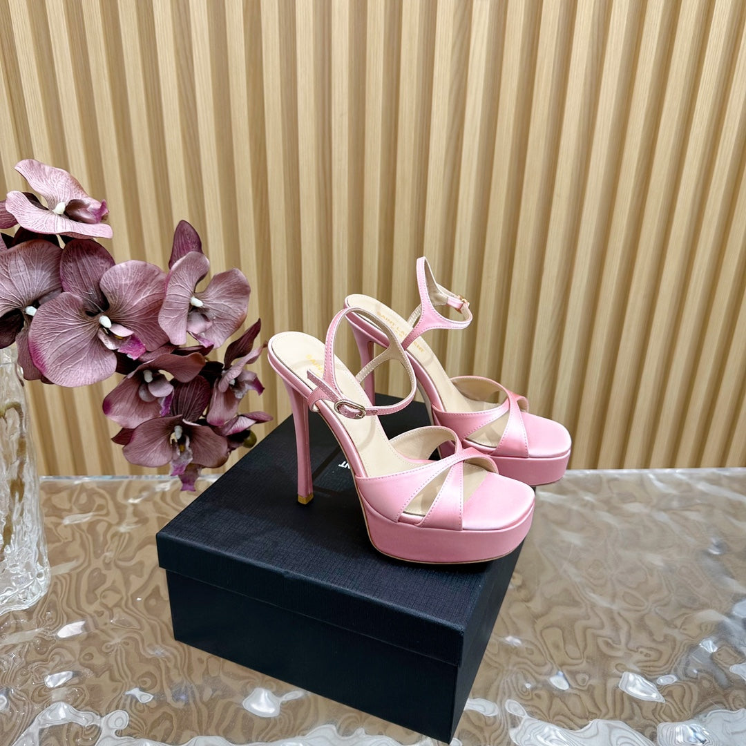 DEBBIE PLATFORM SANDALS IN PALE PINK SILK