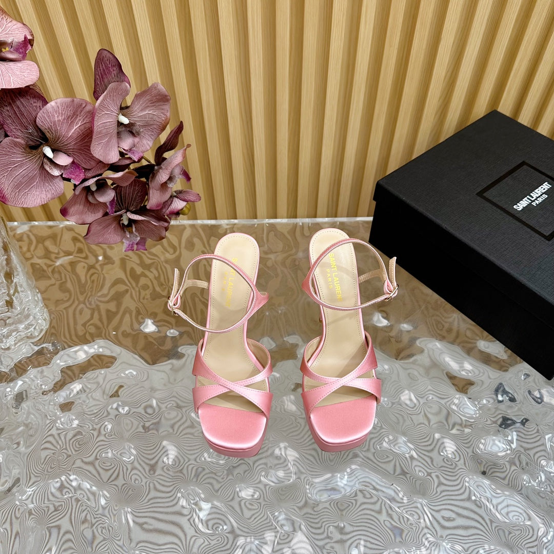 DEBBIE PLATFORM SANDALS IN PALE PINK SILK
