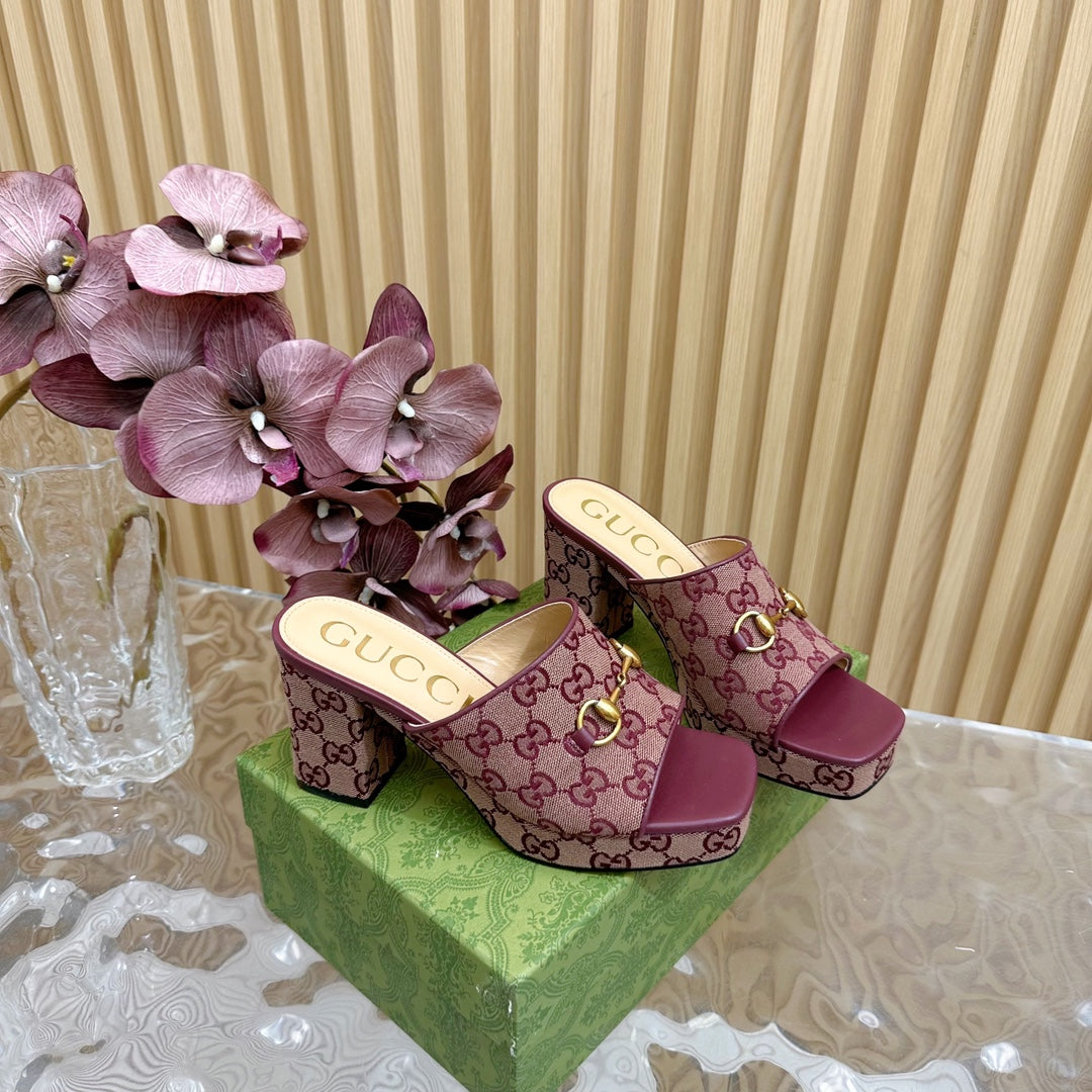 HORSEBIT SLIDE SANDAL IN WINE RED MONOGRAM CANVAS AND SHEEPSKIN LINING