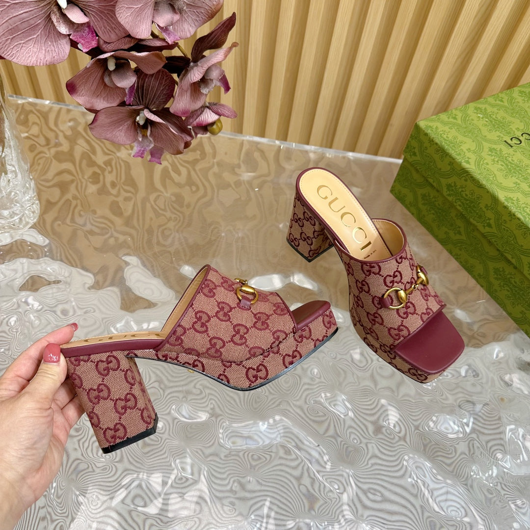 HORSEBIT SLIDE SANDAL IN WINE RED MONOGRAM CANVAS AND SHEEPSKIN LINING
