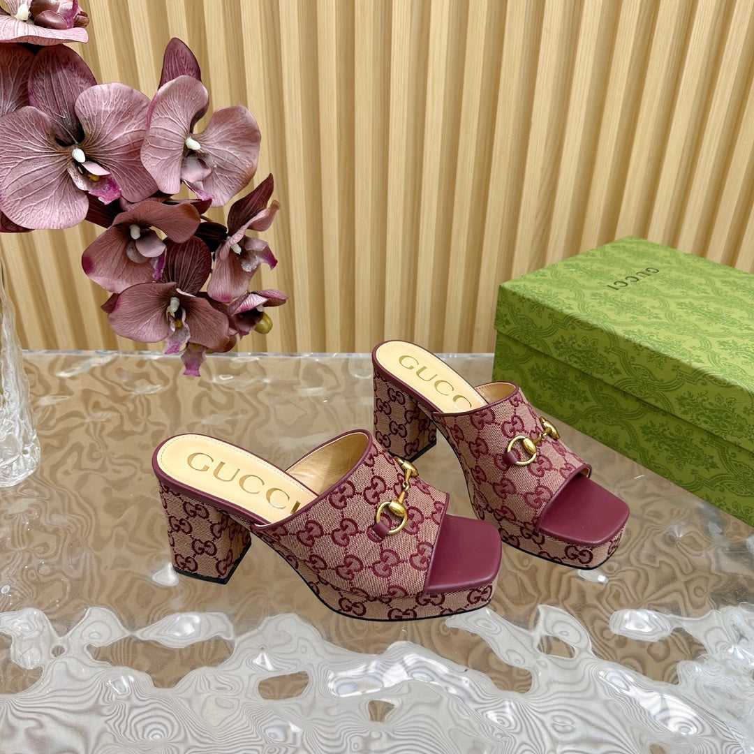 HORSEBIT SLIDE SANDAL IN WINE RED MONOGRAM CANVAS AND SHEEPSKIN LINING