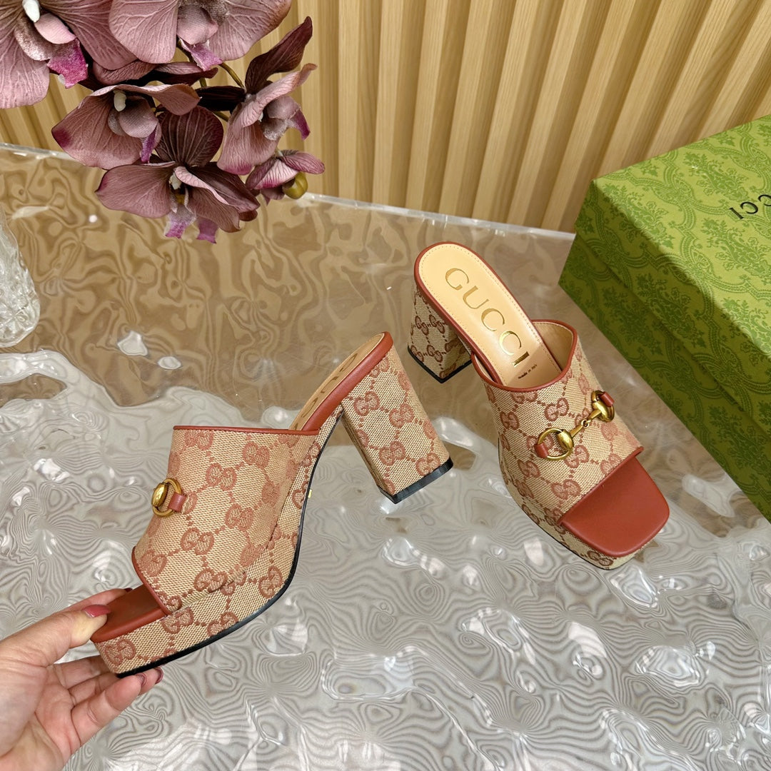 HORSEBIT SLIDE SANDAL IN BRONZE ORANGE MONOGRAM CANVAS AND SHEEPSKIN LINING