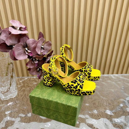 HORSEBIT HIGH-HEEL SANDAL WITH LEOPARD PRINT IN BRIGHT YELLOW VELVET AND CALFSKIN LINING